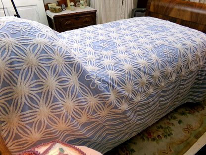 vintage chenille bedspread shabby beach cottage blue & white full size bedding