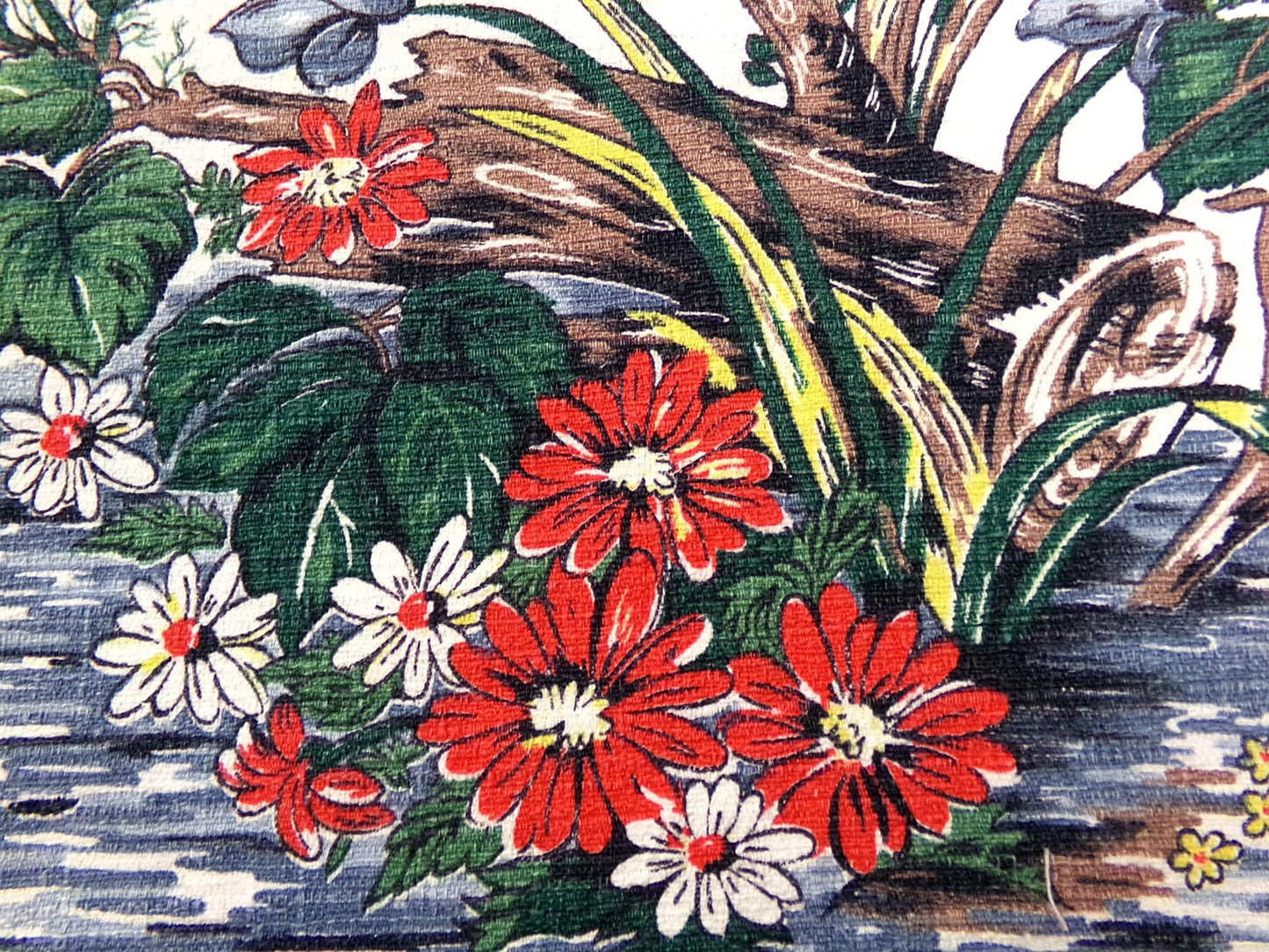 Vintage Barkcloth Fabric Panel Paloma Exotic Bird & Floral Botanical Print, 20x30"