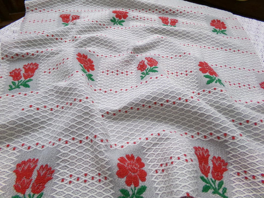 Vintage Woven Fabric, Steel Grey Red Floral Lattice Reversible Cut Piece 24" x 27"