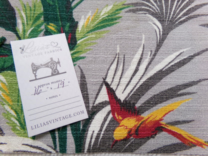 Vintage Barkcloth Fabric in Rare Hummingbird Tropical Design, Midcentury Tropical Craft Material, 16" x 19"