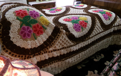 Vintage Chenille Bedspread, Rainbow Hearts Chocolate Brown, Full Size