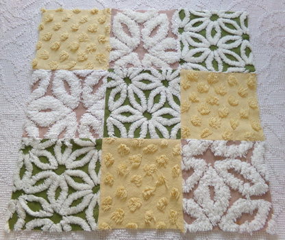 Vintage Patchwork Chenille Fabric Craft Panel - Hippie Boho Style 16" square ideal for Pillows, Quilting, Wall Hangings