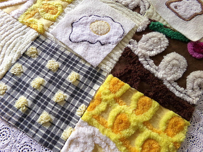 retro diner vintage 6" chenille squares, set of 16 novelty quilt blocks cut from vintage chenille bedspread fabrics, breakfast eggs & toast