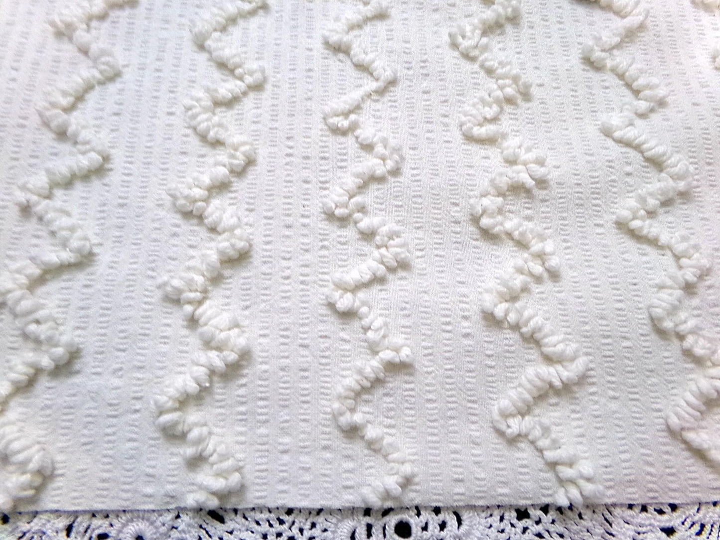 Vintage Chenille Fabric, Tufted Floral Bouquet on Cotton Seersucker, 19x26"