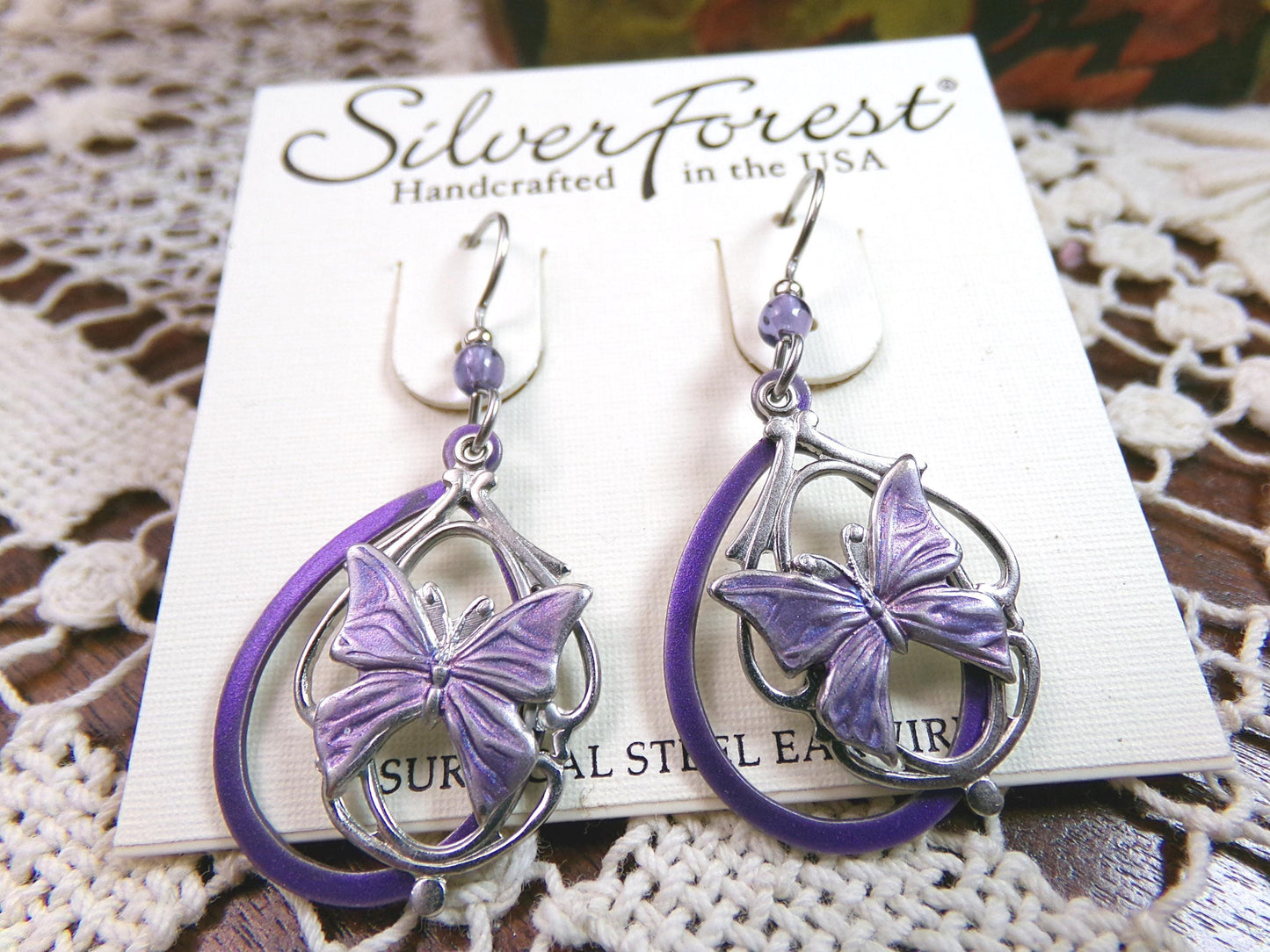 butterfly dangle earrings, pierced Silver Forest Vermont vintage style jewelry