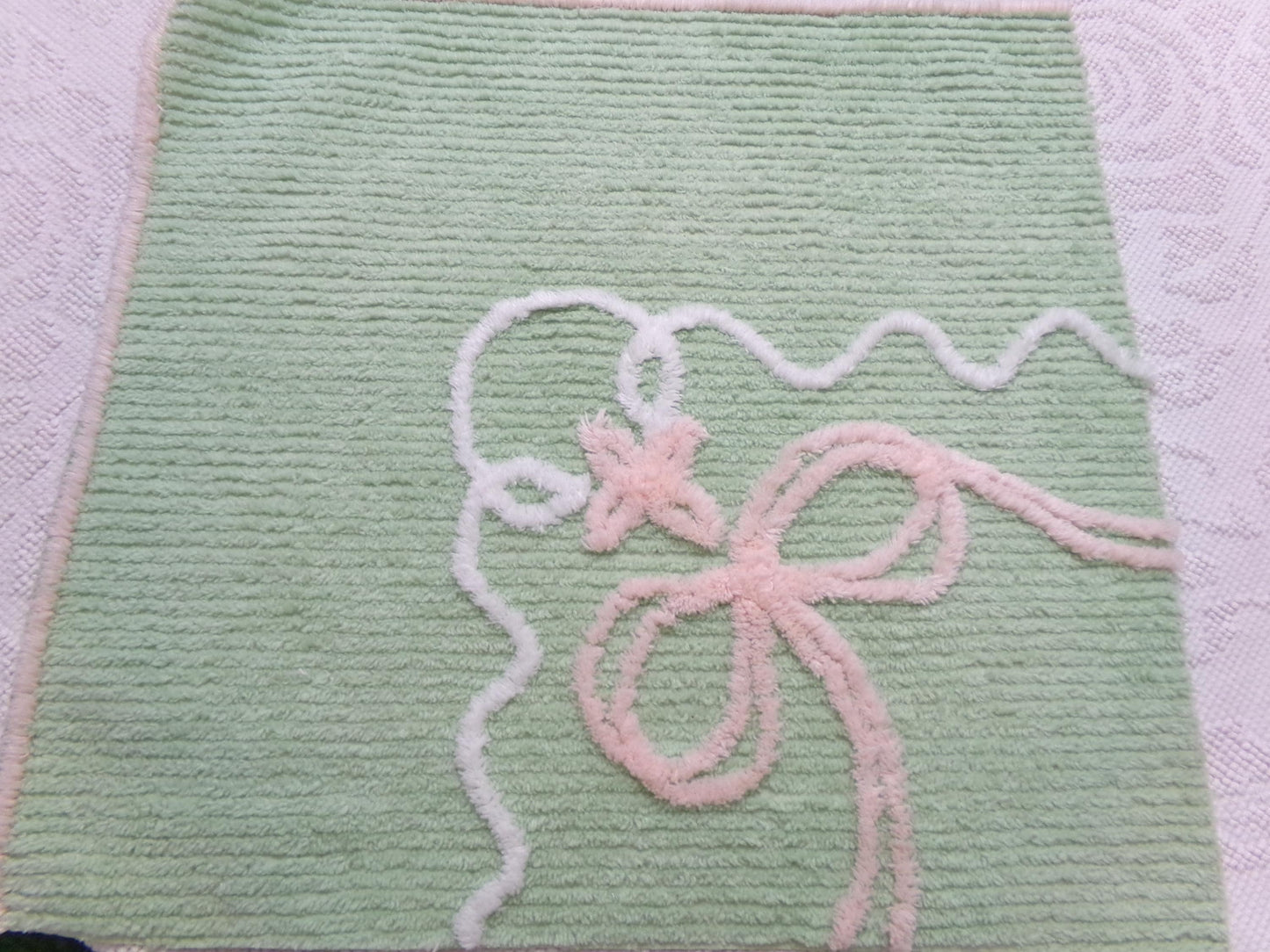 Soothing Mint Green Vintage Chenille Fabric Pink Lily Bow, 17" x 18"