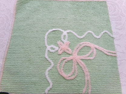 Soothing Mint Green Vintage Chenille Fabric Pink Lily Bow, 17" x 18"