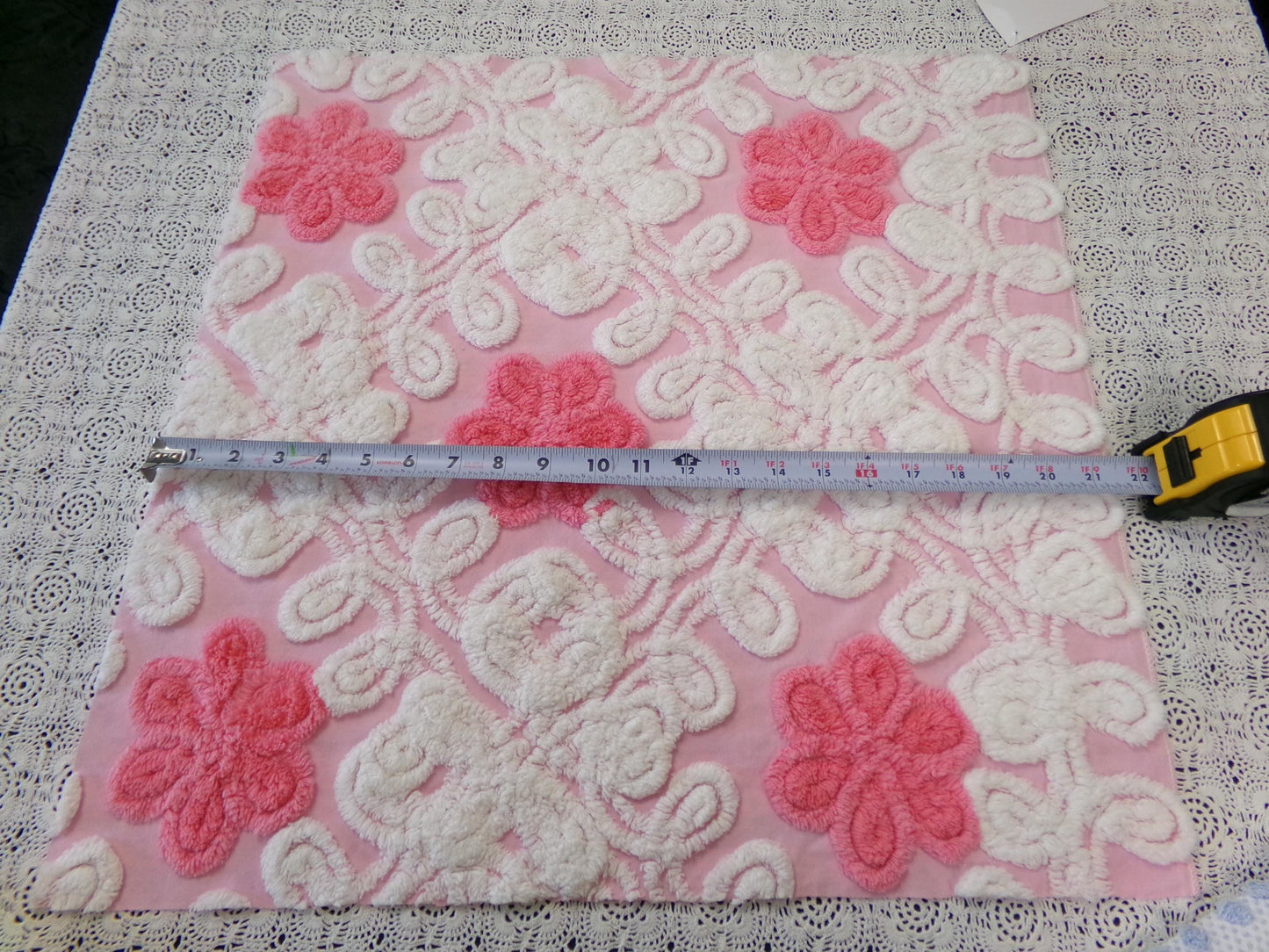 Strawberry Pink Vintage Chenille Fabric Whimsical Floral Quilt Material 21x21"