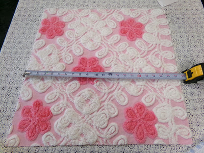 Strawberry Pink Vintage Chenille Fabric Whimsical Floral Quilt Material 21x21"