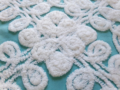 beach girl vintage chenille fabric, frothy white, seaglass blue, 20" x 25" piece of cotton sewing material for crafts, quilts, pillows