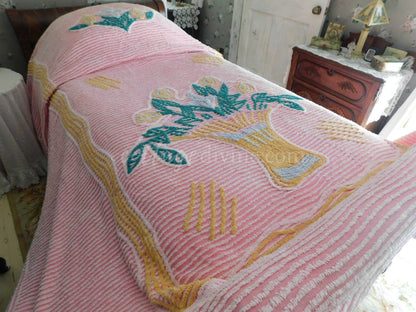 Vintage Chenille Bedspread, Giant Flower Basket on Pink, Full Size, 100% Cotton, Shabby Cottage Bedding