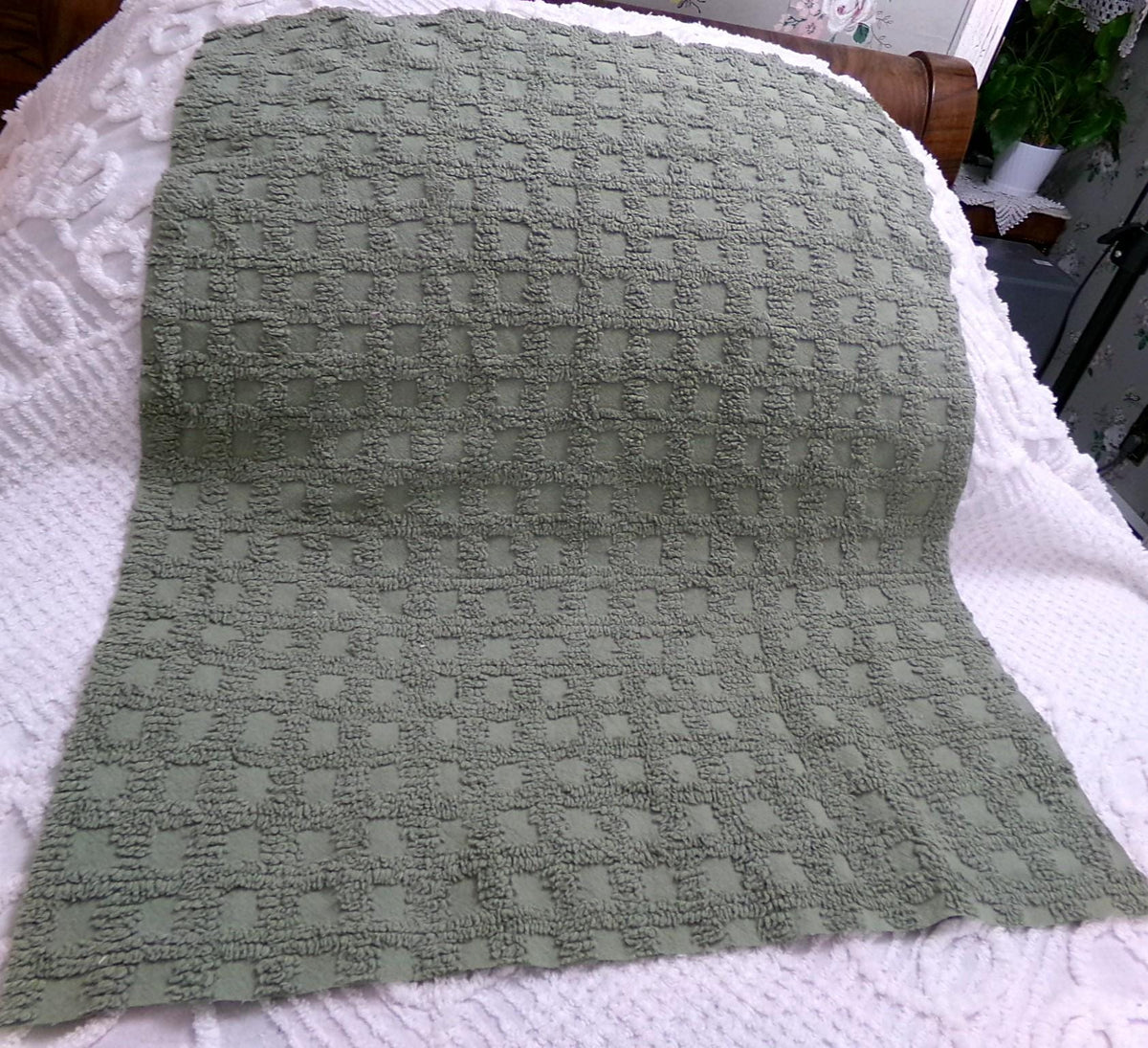 Simple Sage Squares Vintage Style Chenille Fabric, Grid Design, 18x24" Piece