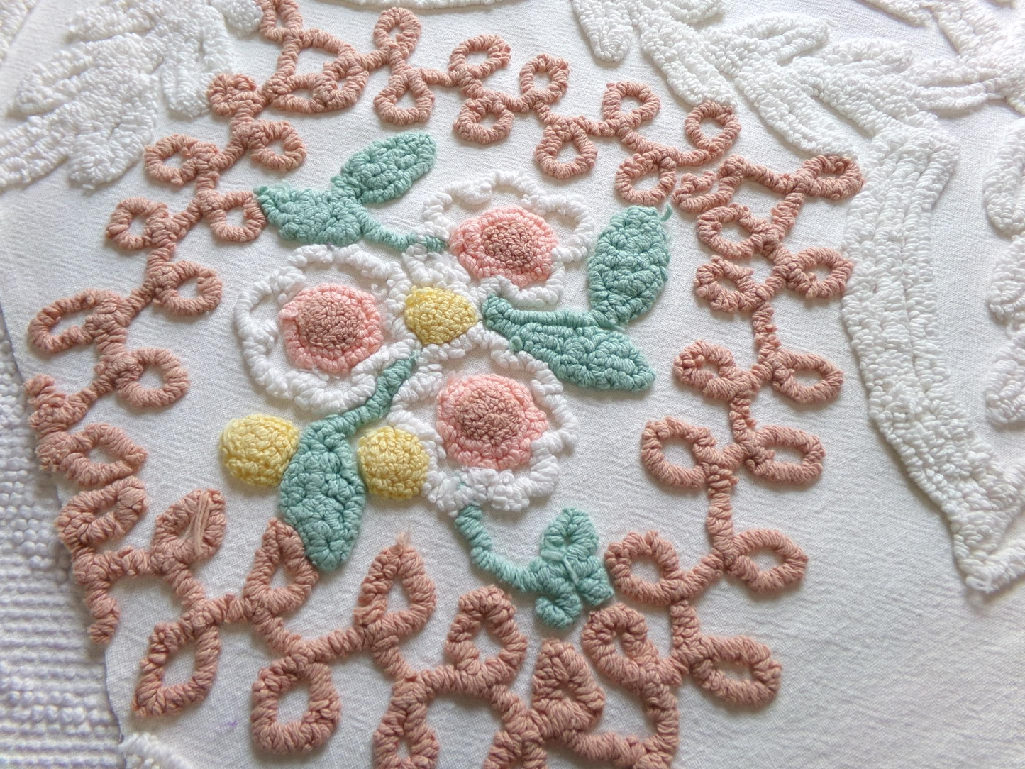vintage chenille bedspread fabric, natural boho floral 20" x 20" piece sewing material