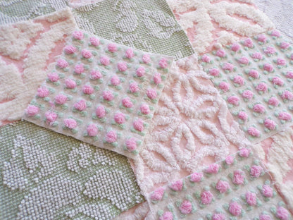 flower nymph chenille fabric squares, pink rosebuds, white daisy, sage green, 16 vintage 6" x 6" quilt squares for sewing & crafts