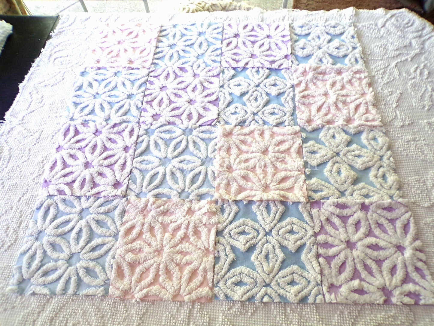 fluffy pastel vintage chenille fabric squares in pink, blue & lilac white, set of 16 quilt blocks, 6" x 6" inches each for quilting, crafts