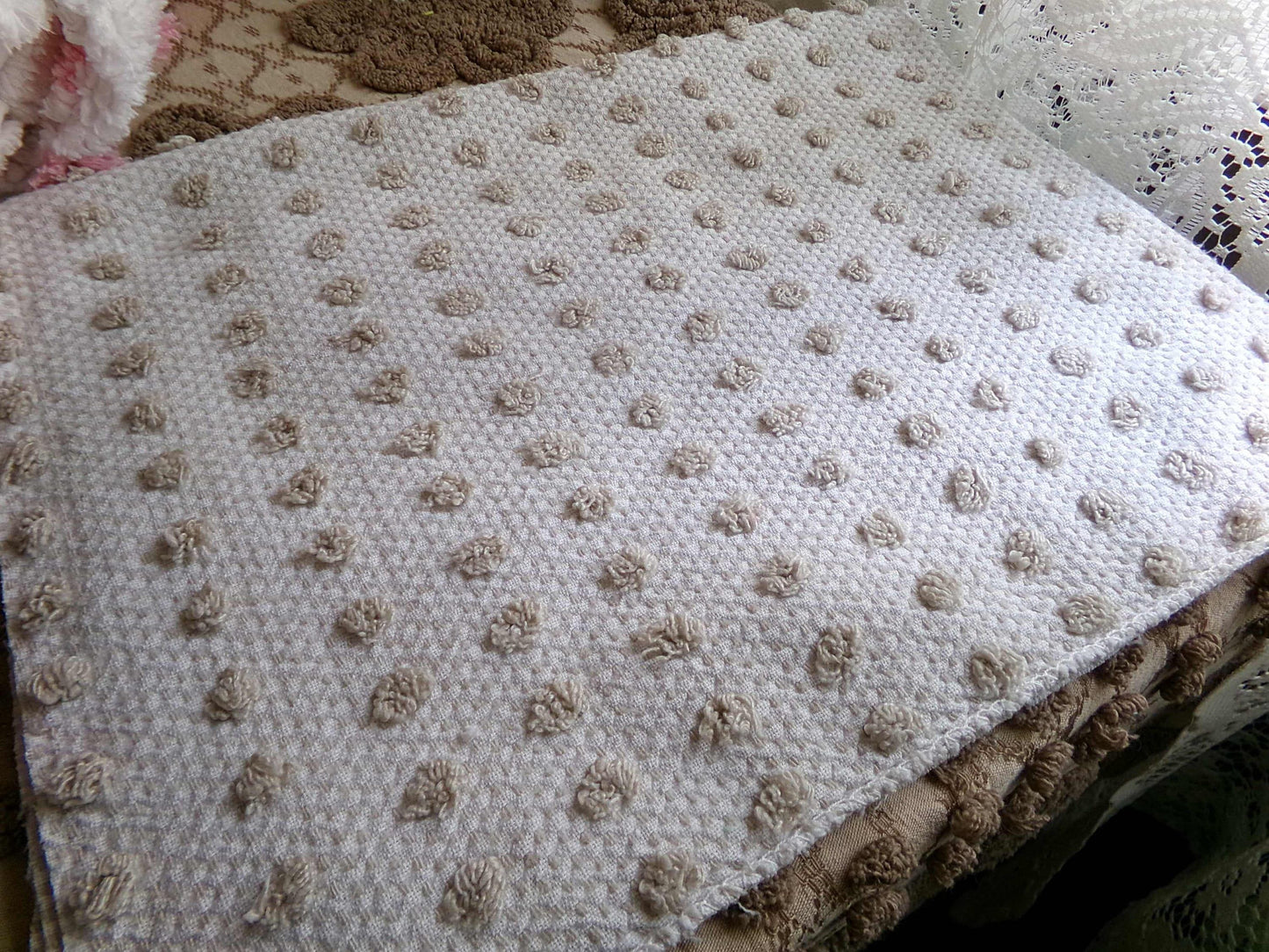 Sand Dune Vintage Chenille Fabric, Cute Dots on a Woven Sandy Brown & White Bkgd, 18" x 24" Inch Piece, Neutral Color