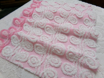 Playful Pink Vintage Chenille Bedspread Fabric White Curlicues 15" x 26"