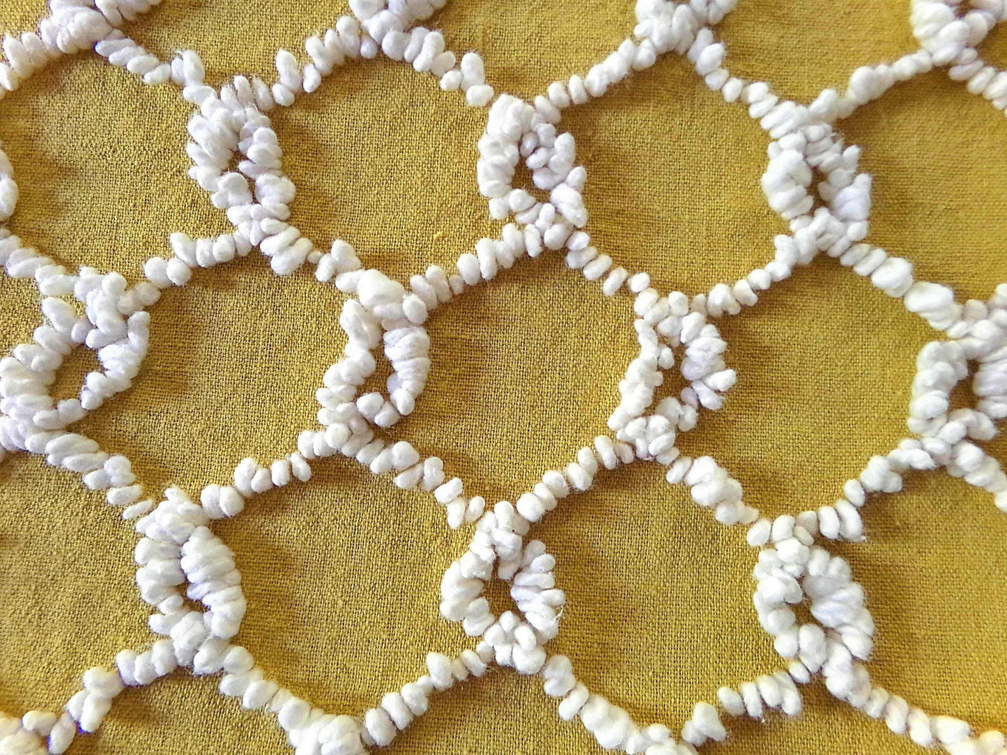 Hippie Vintage Chenille Fabric in Butterscotch Gold with White Chicken Wire Design, 100% Lightweight Cotton, 20" x 24" inch piece