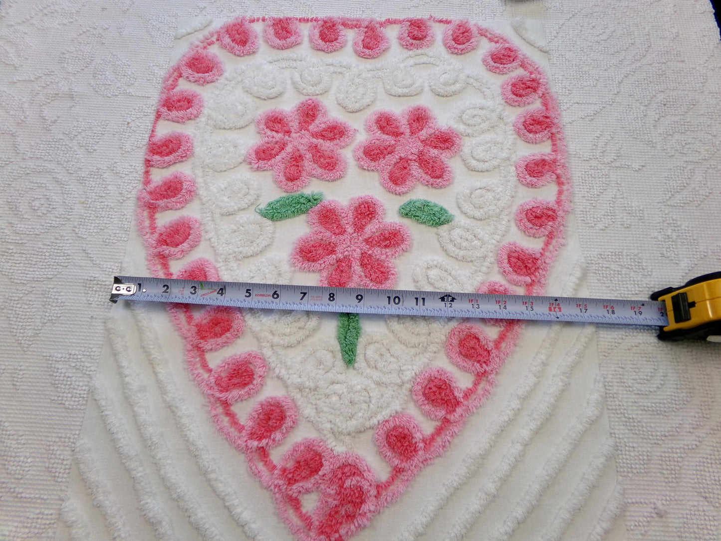 big pink heart vintage chenille fabric, popular floral center pattern, 16" x 26" piece of sewing material for quilting, crafts