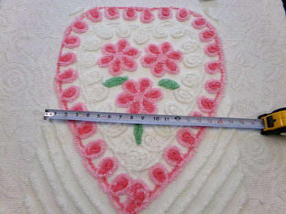 big pink heart vintage chenille fabric, popular floral center pattern, 16" x 26" piece of sewing material for quilting, crafts