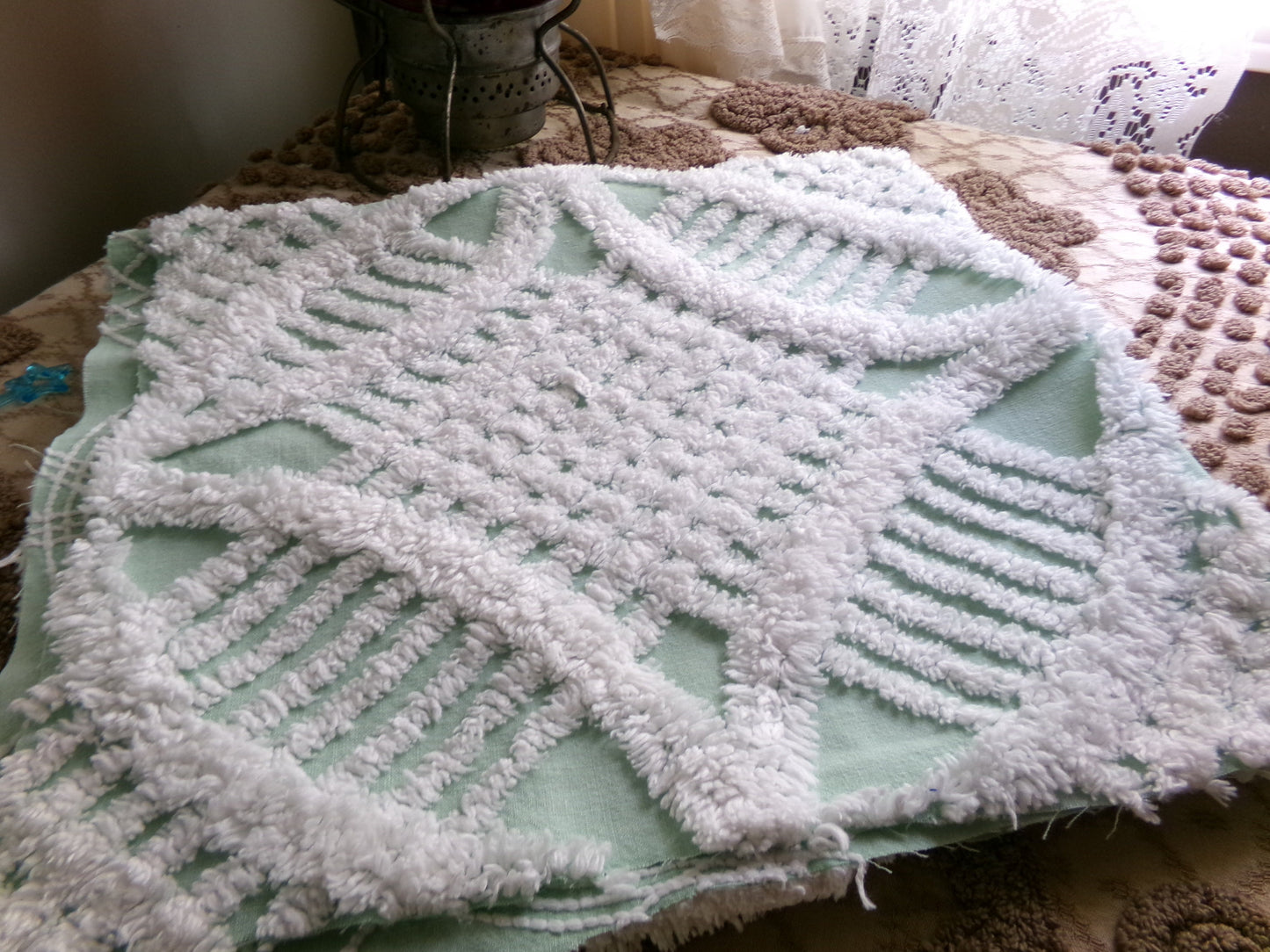 Mint Green Vintage Chenille Quilt Fabric, 21" x 30" inch Piece, White Geometric Wedding Ring Pattern