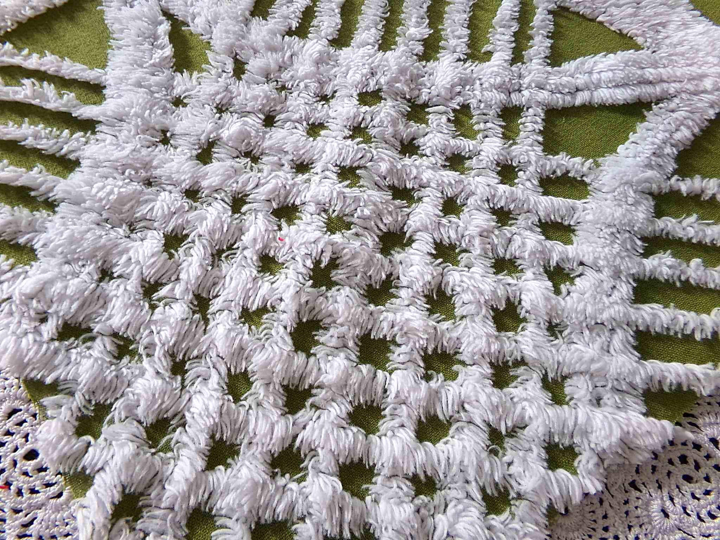 Boho Olive Army Green Vintage Chenille Fabric, 22" x 20" inch Piece, Retro 1970s Hippie Vibes