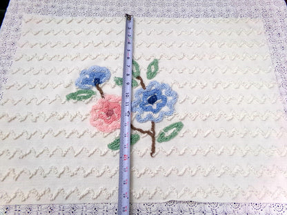 Vintage Chenille Fabric, Tufted Floral Bouquet on Cotton Seersucker, 19x26"