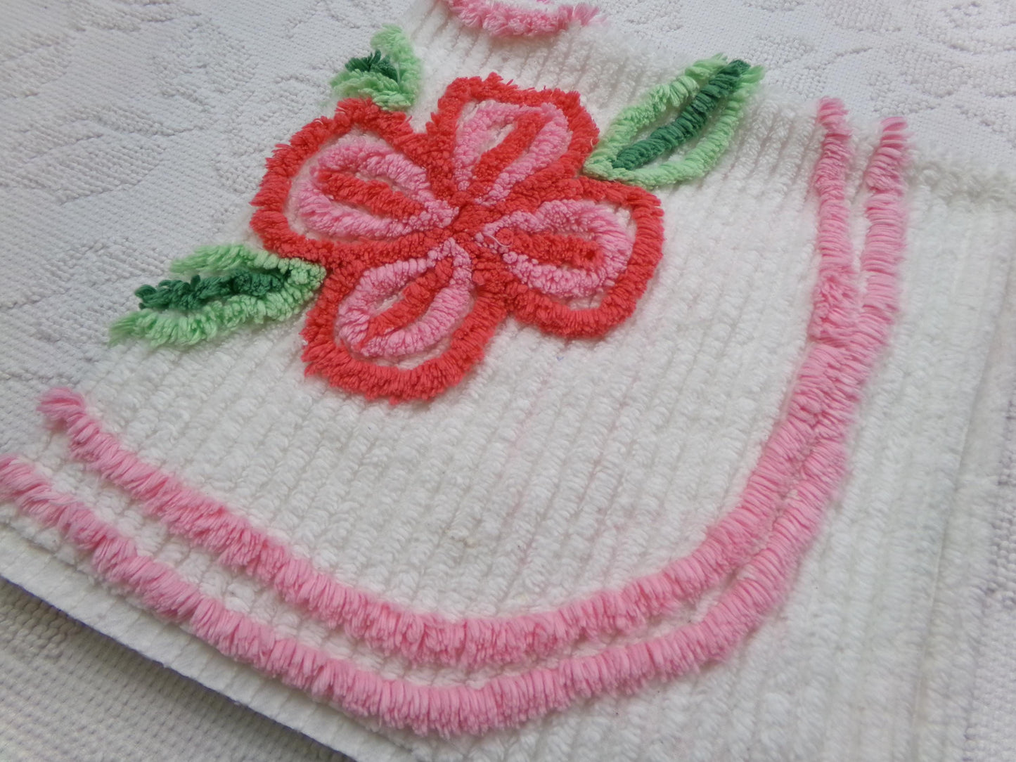 Vintage Chenille Fabric, Pink Flower Abstract Heart Piece Sewing & Quilt Material 22" x 23"