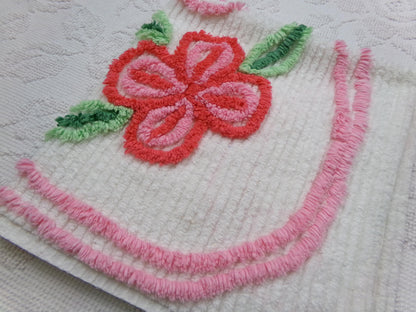 Vintage Chenille Fabric, Pink Flower Abstract Heart Piece Sewing & Quilt Material 22" x 23"