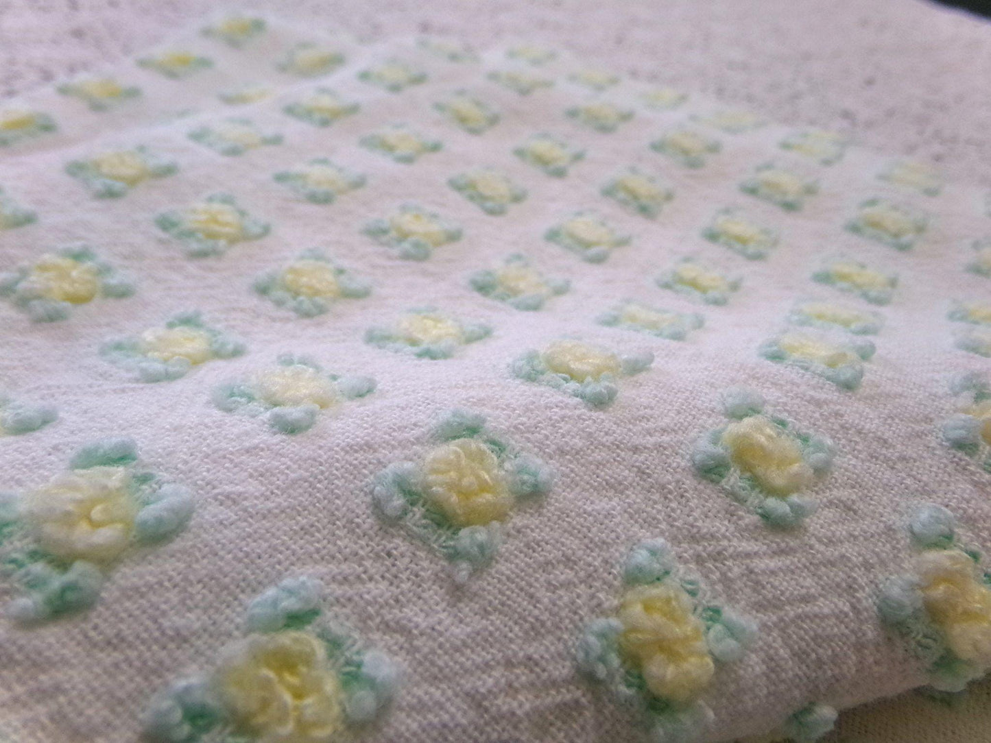 tiny tuft yellow rosebud vintage chenille fabric, textured mini rose design, 18" x 21.5" piece quilt material