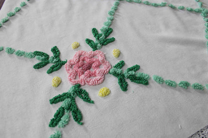 simple floral vintage chenille fabric, 32" x 23" cut piece, jadeite & white pops with pink rose flower, lightweight cotton