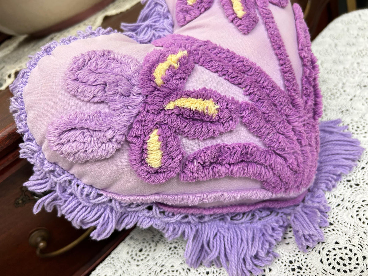 Vintage Heart Chenille Pillow, Shabby Iris Floral Reversible Fringed Design
