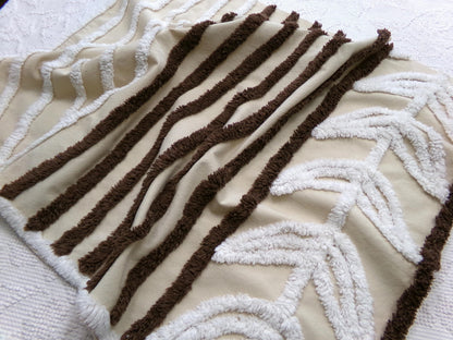 mocha leaf stripe vintage chenille fabric: contrast brown & white striped design, 20" x 24" sewing material for quilting, crafts