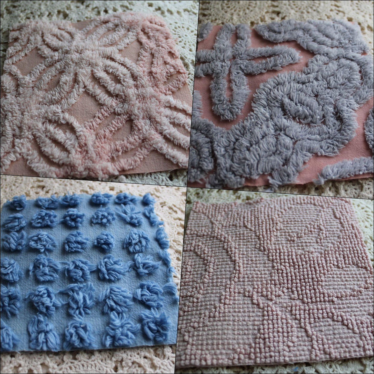 twilight melody vintage chenille fabric squares, set of 16 dreamy 6" quilt blocks, serene blue, rose mist, pink shades