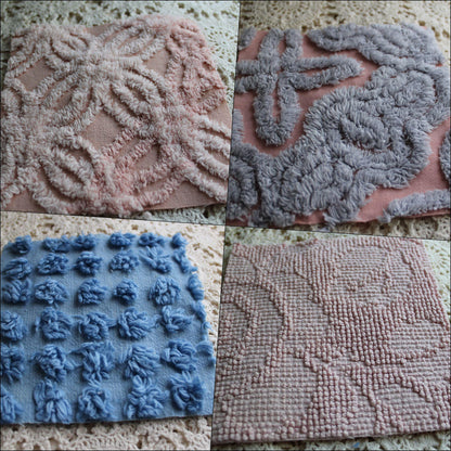 twilight melody vintage chenille fabric squares, set of 16 dreamy 6" quilt blocks, serene blue, rose mist, pink shades