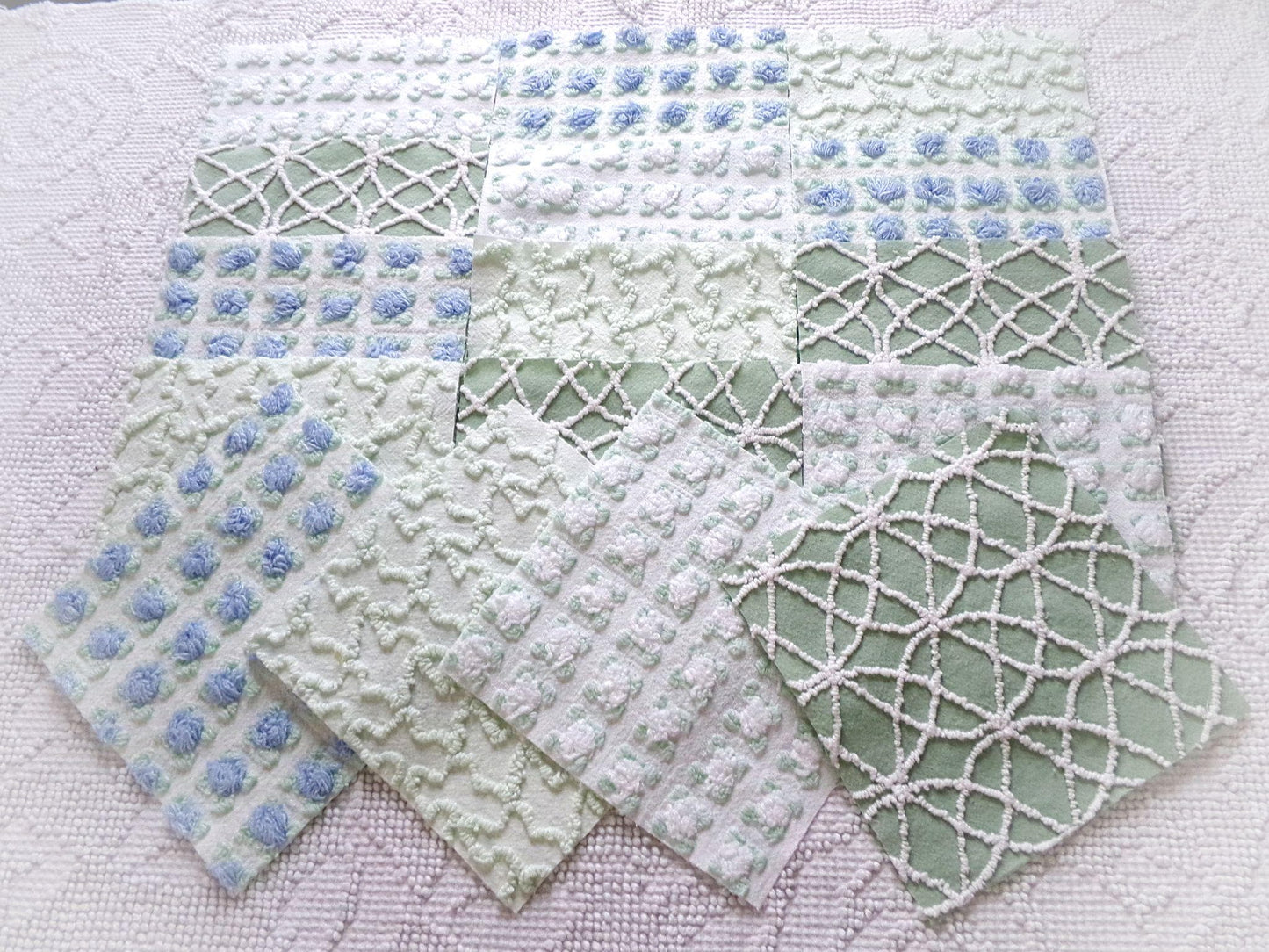 coastal wanderings vintage chenille fabric squares, 16 vintage 6" quilt blocks in natural green & white for sewing, crafts, fiber arts