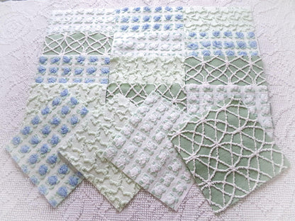 coastal wanderings vintage chenille fabric squares, 16 vintage 6" quilt blocks in natural green & white for sewing, crafts, fiber arts