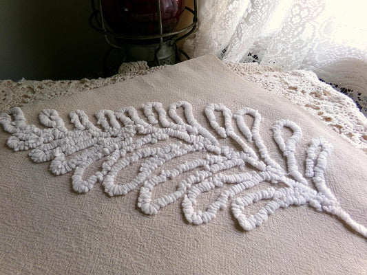 falling leaves vintage chenille fabric, 24" x 21" inch piece, simple shabby needletuft large leaf design on mocha cotton
