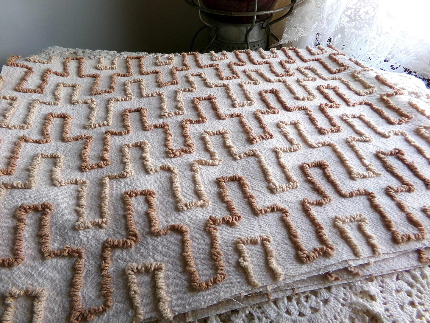sandy sandcastles vintage chenille fabric, two tone honey golden brown geometric design, 18" x 24" inch piece for quilting, crafts & sewing