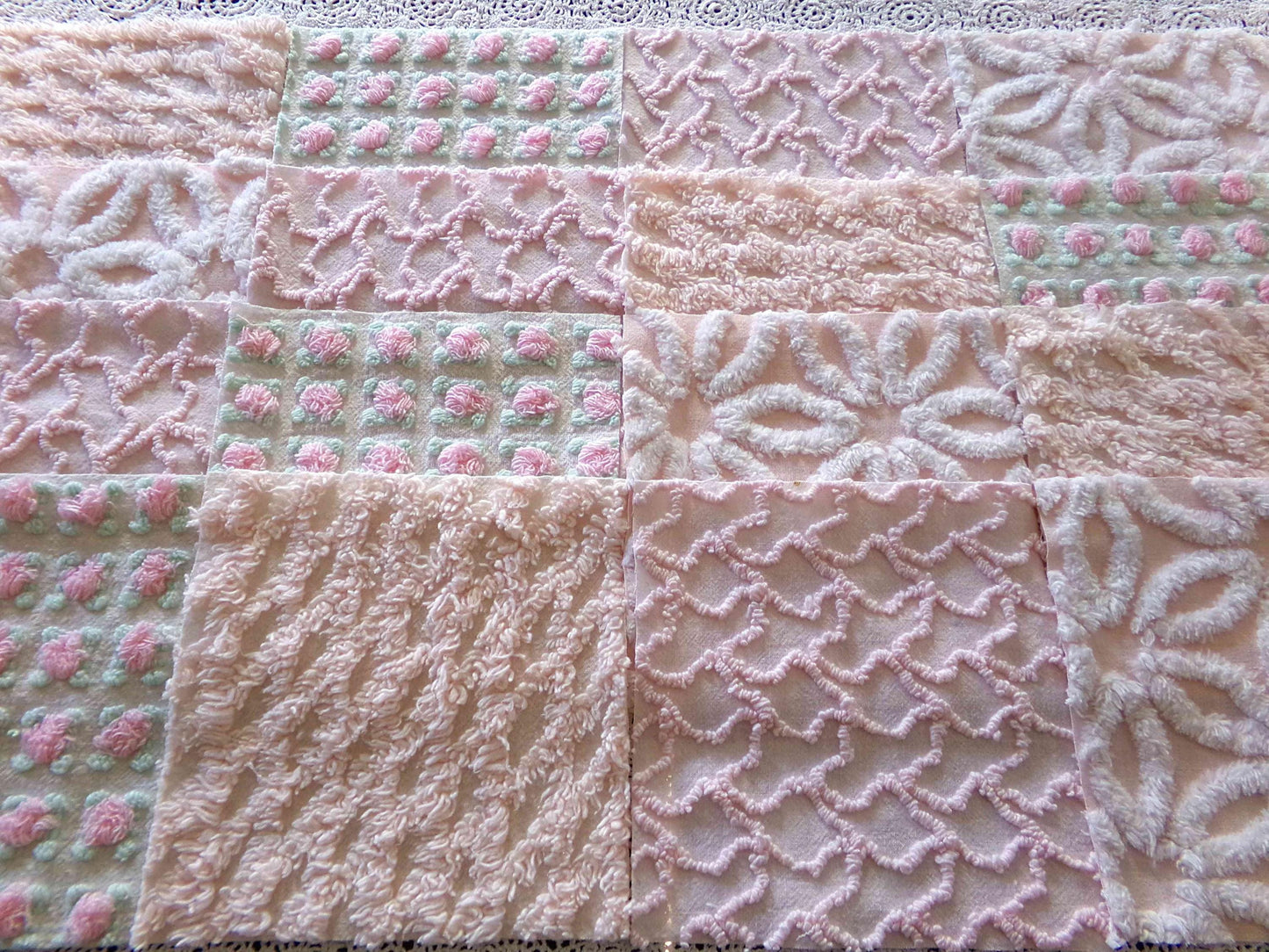 Nectar & Petal Vintage Chenille Quilt Squares Set of 16 Blocks, 6" inch ea in pretty daisies, pink rosebuds, peach lattice