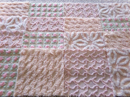 Nectar & Petal Vintage Chenille Quilt Squares Set of 16 Blocks, 6" inch ea in pretty daisies, pink rosebuds, peach lattice