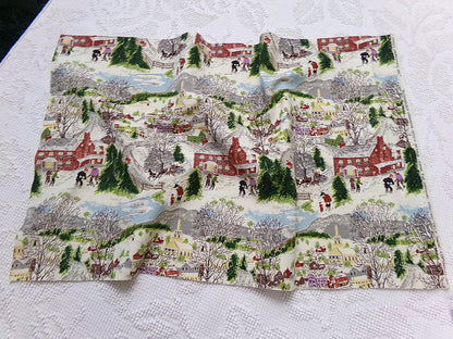 Grandma Moses DEEP SNOW Vintage Barkcloth Fabric, Midcentury Folk Art Winter Scene, 13" x 21"