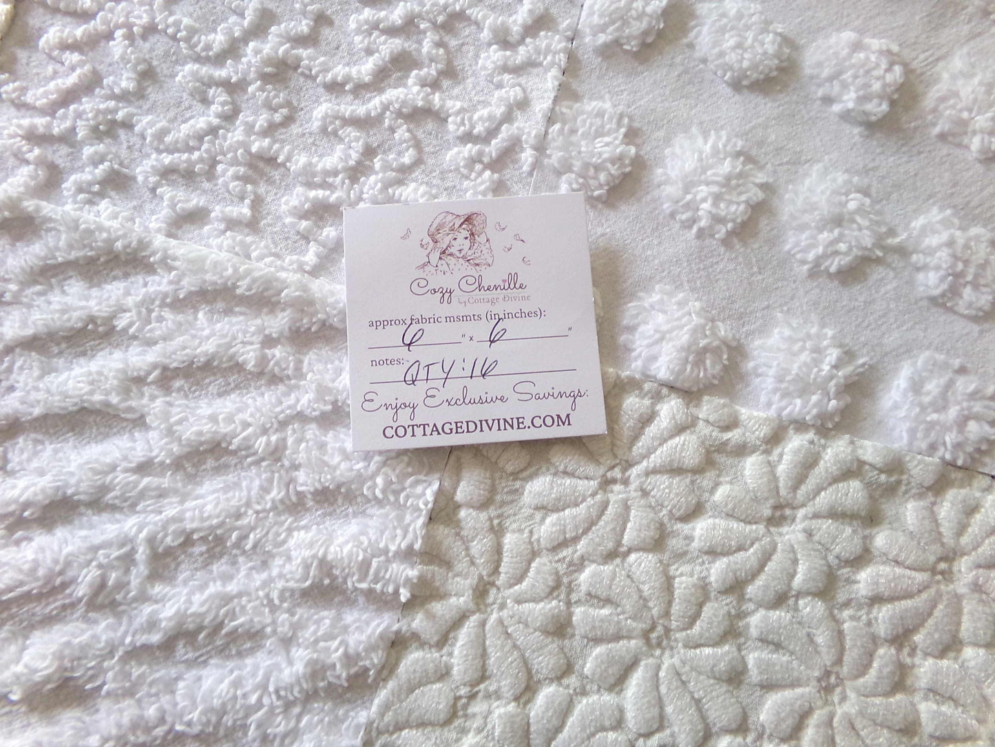 Daisies in Snow Chenille Fabric Squares, Set of 16 Quilt Blocks, 6" each in Shades of White, Great Neutral Textures