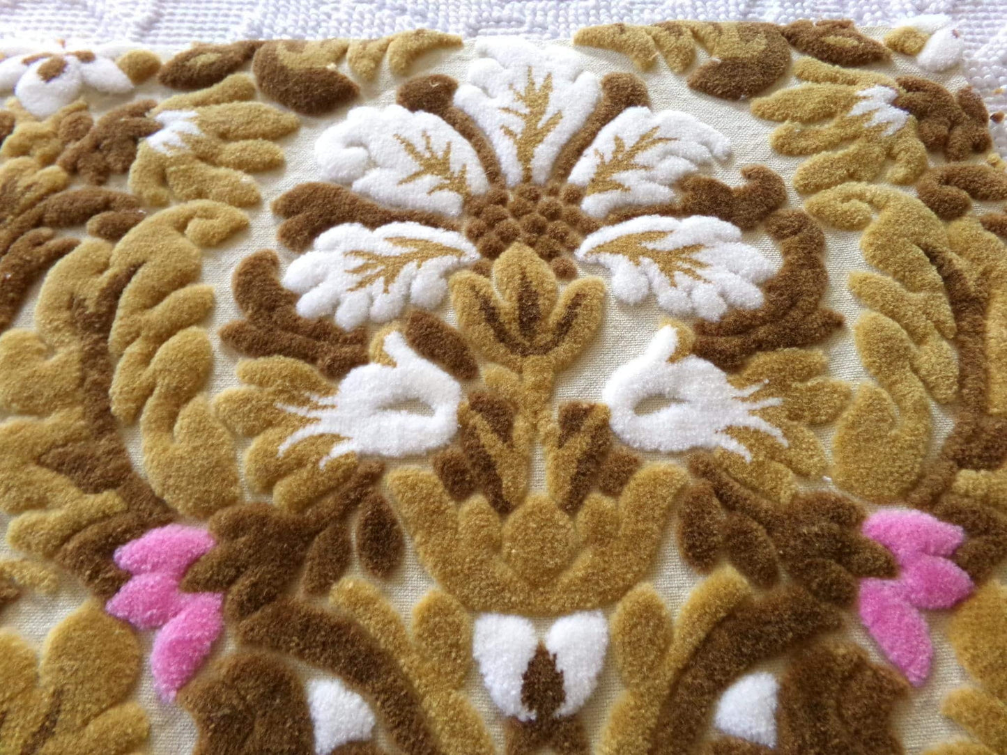 lux caramel chocolate cut velvet fabric, vintage Bates tapestry chenille, 12" x 21" inch piece, ideal sewing material for bags