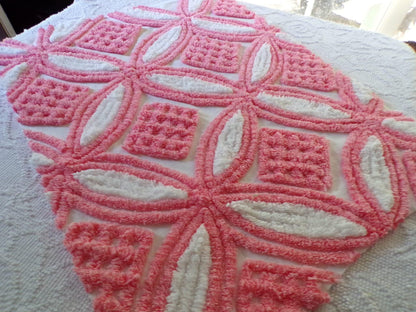 Super Plush Pink & White Chenille Fabric, 18" x 24"-inch Piece, Geometric Print, Vintage 100% Cotton