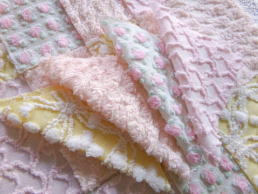 vintage 6" chenille squares, set of 16 quilt blocks in springtime pink, peach & yellow colors, cut from chenille bedspread fabrics