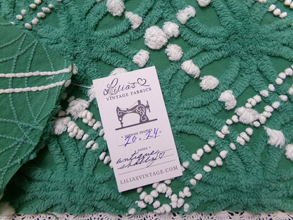 Green White Vintage Chenille Bedspread Fabric 20x24" Spider Tuft Pops Quilting Material