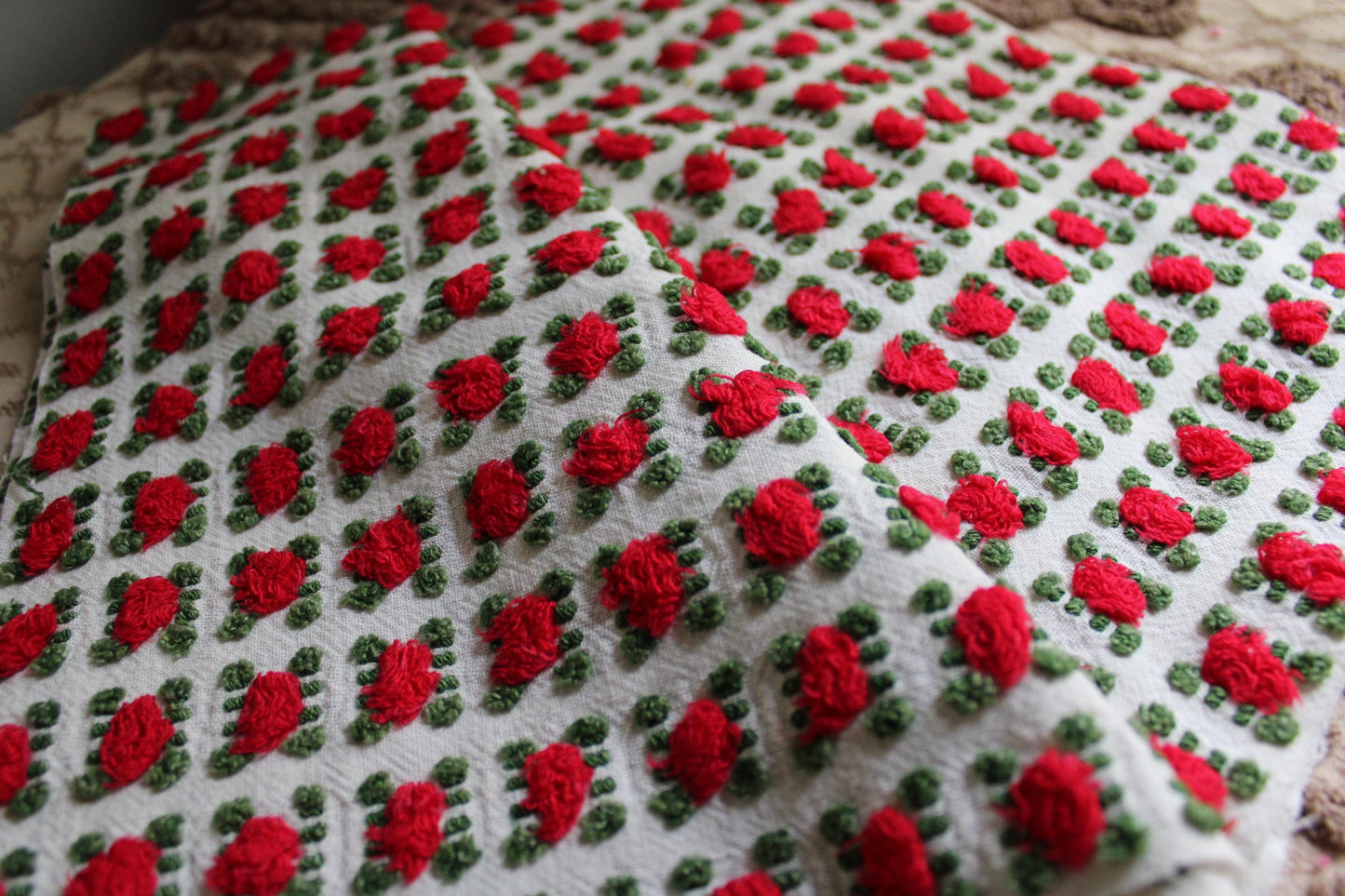 Red Rosebud Vintage Chenille Fabric, Morgan Jones Roses, 18" x 24" inch Piece