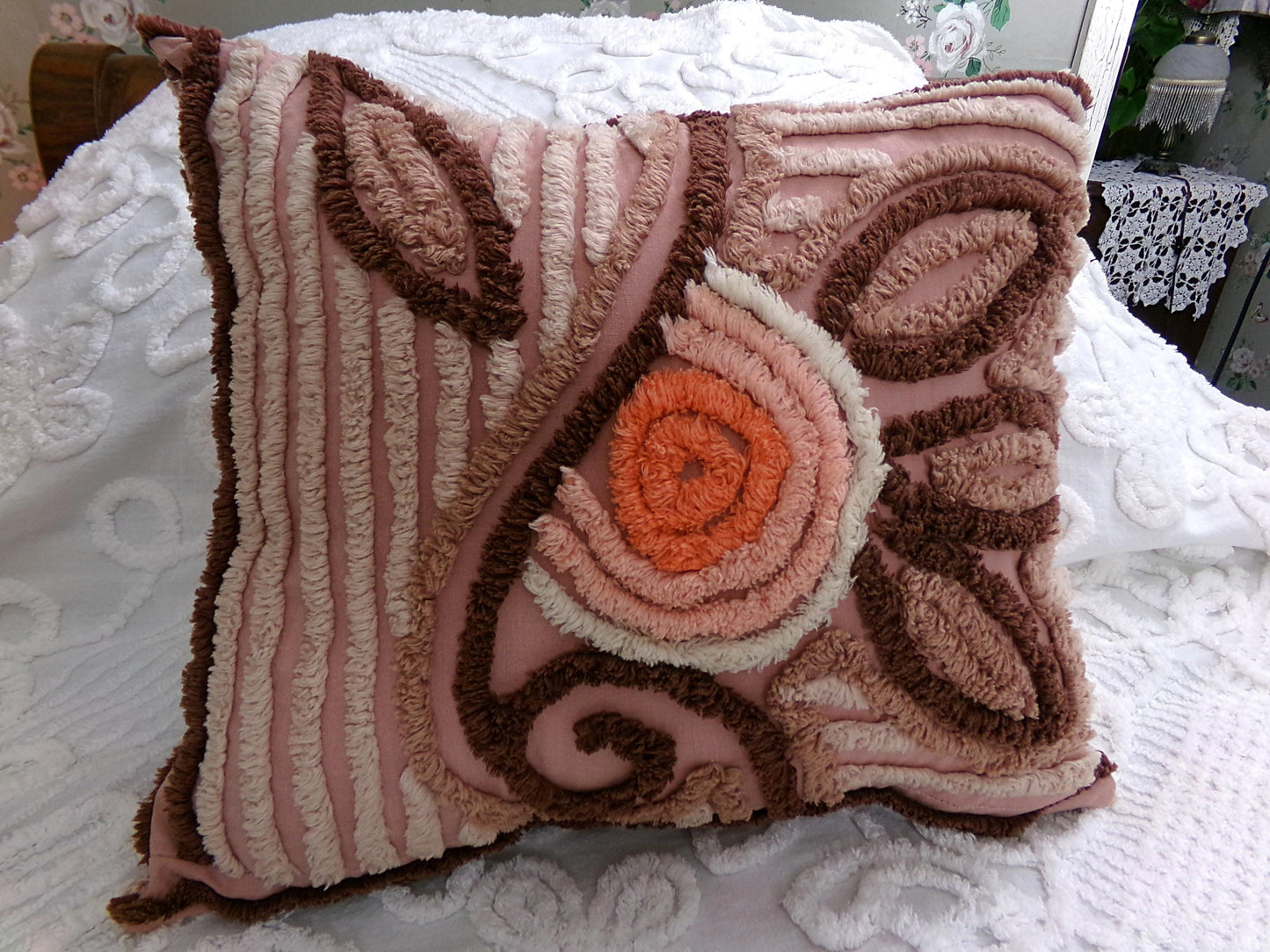 Sunset Rose Boho Vintage Chenille Pillow Cover & Insert, 13" x 14" inches, Handmade Decorative Accent Pillow, Hippie Home Decor
