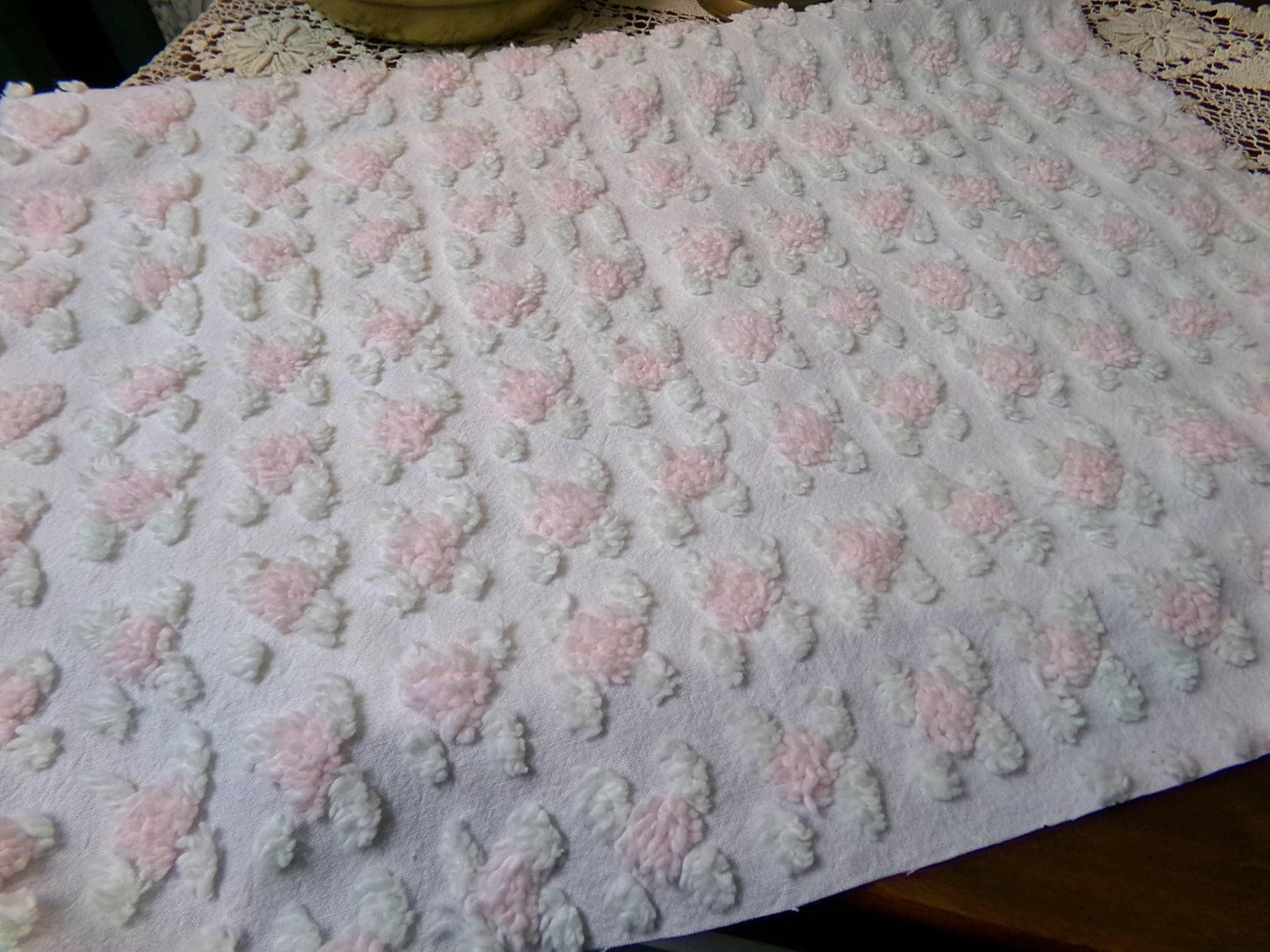 Shabby Pink Rosebud Vintage Chenille Bedspread Fabric Piece, Cottage Style Quilt Material 18" x 24"